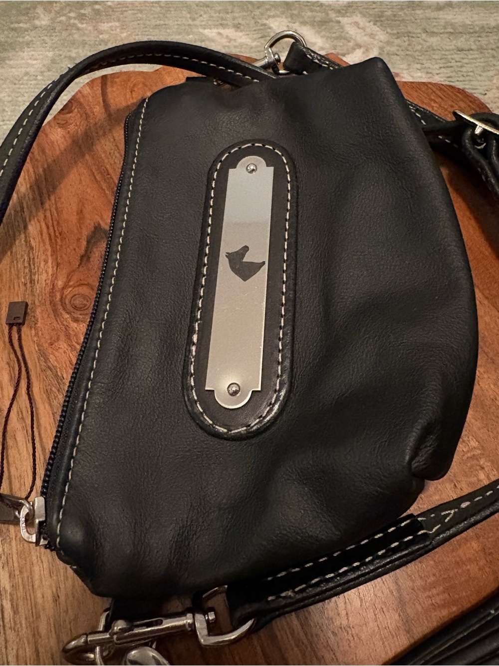 Black Leather Crossbody Bag with Silver Accent Plate